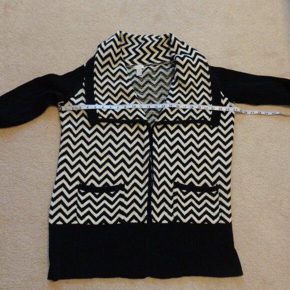 CHICO'S Open Front Cardigan Black White Chevron Pockets‎ Cotton Sweater Sz 2 (M) - Picture 5 of 6